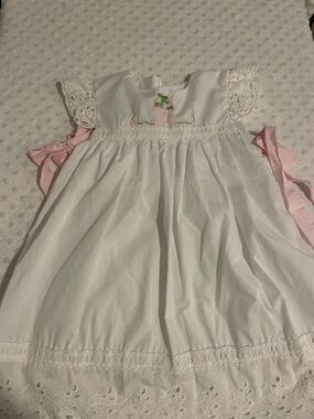 White Baby Dress with Pink Ribbon and Embroidered Floral Detail